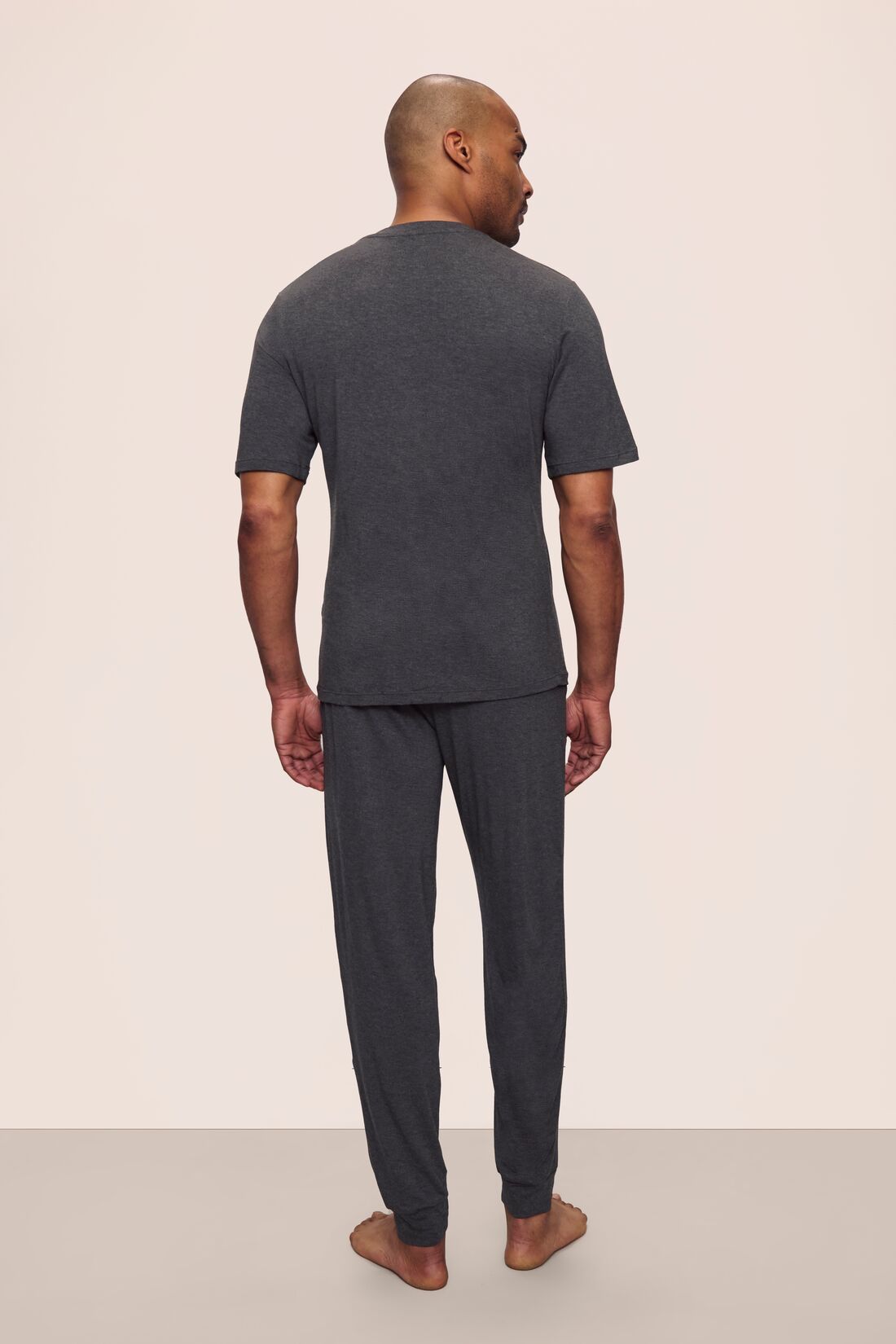 Model is wearing Henry TENCEL™ Modal Short Sleeve & Pant PJ Set in Charcoal Heather