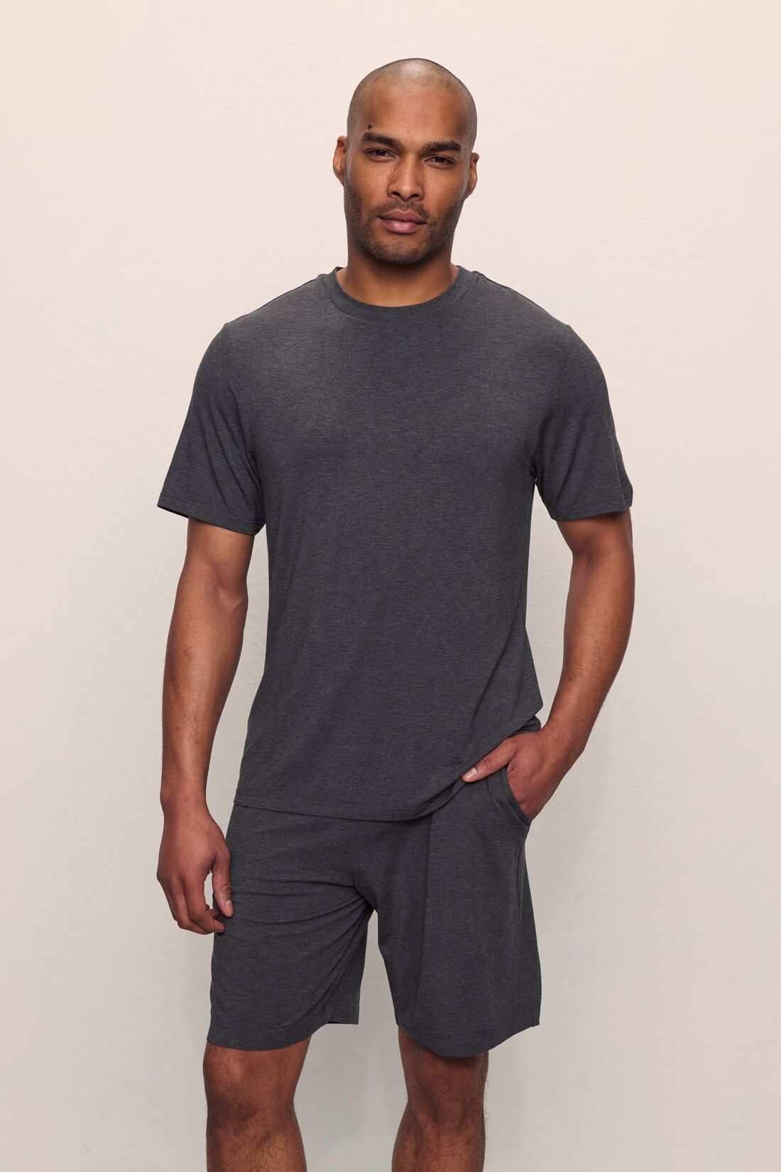 Model is wearing Henry TENCEL™ Modal Short PJ Set in charcoal heather