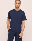 Model Is Wearing Henry Short Pj Set In True Navy