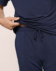 Model Is Wearing Henry Short Pj Set In True Navy