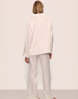 Model is wearing Inez Washable Silk Long PJ Set in Ivory/Champagne