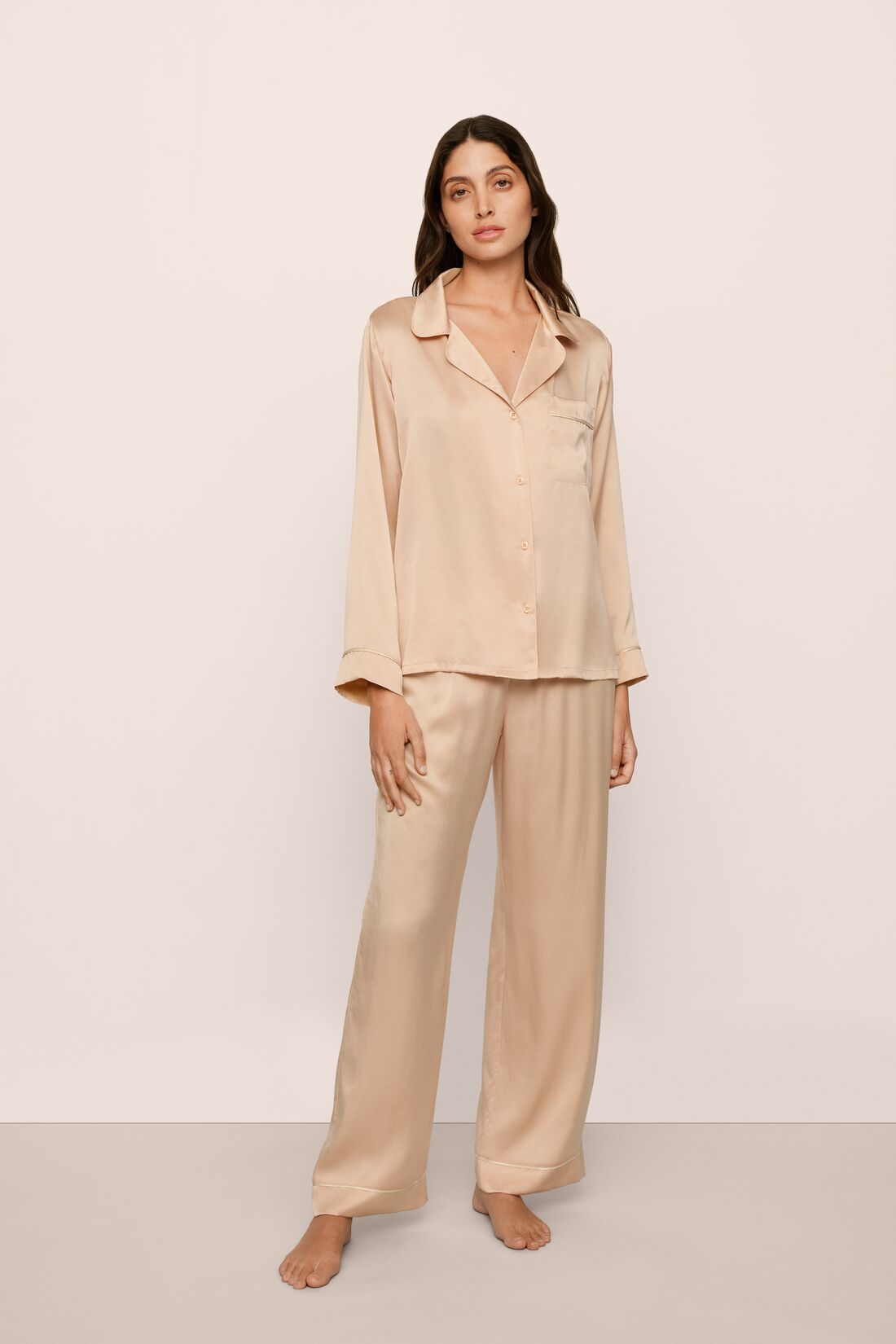 Model is wearing Inez Washable Silk Long PJ Set in Rose Cloud/Champagne