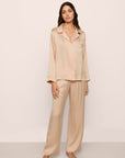 Model is wearing Inez Washable Silk Long PJ Set in Rose Cloud/Champagne