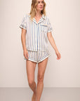 Model wears Inez Washable Silk Printed Short PJ Set in Classic Stripe Ivory/Denim Blue.