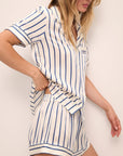 Model wears Inez Washable Silk Printed Short PJ Set in Classic Stripe Ivory/Denim Blue.