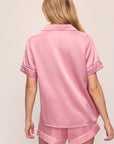 Back image of model wearing Inez Washable Silk Short PJ Set in Rose Quartz/Ivory