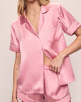 Detail image of model wearing Inez Washable Silk Short PJ Set in Rose Quartz/Ivory