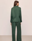 Model wears Inez Washable Silk Long PJ Set in Spruce/Navy.