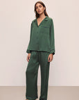 Model wears Inez Washable Silk Long PJ Set in Spruce/Navy.