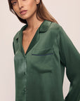 Model wears Inez Washable Silk Long PJ Set in Spruce/Navy.