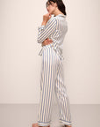 Model wears Inez Washable Silk Printed Long PJ Set in Classic Stripe Ivory/Denim Blue.