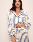 Model wears Inez Washable Silk Printed Long PJ Set in Classic Stripe Ivory/Denim Blue.