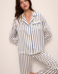 Model wears Inez Washable Silk Printed Long PJ Set in Classic Stripe Ivory/Denim Blue.