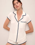 Model wears Frida TENCEL™ Modal Shortie Short PJ Set in Ivory/Navy.