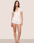 Model is wearing Frida TENCEL™ Modal Shortie Short PJ Set in Ivory/Pink Nectar