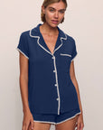 Model is wearing Frida TENCEL™ Modal Shortie Short PJ Set in Navy/Ivory