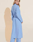Model wears Gisele Printed TENCEL™ Modal Long Robe in Nordic Stripe Vista Blue.