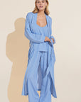 Model wears Gisele Printed TENCEL™ Modal Long Robe in Nordic Stripe Vista Blue.