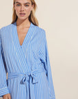 Model wears Gisele Printed TENCEL™ Modal Long Robe in Nordic Stripe Vista Blue.