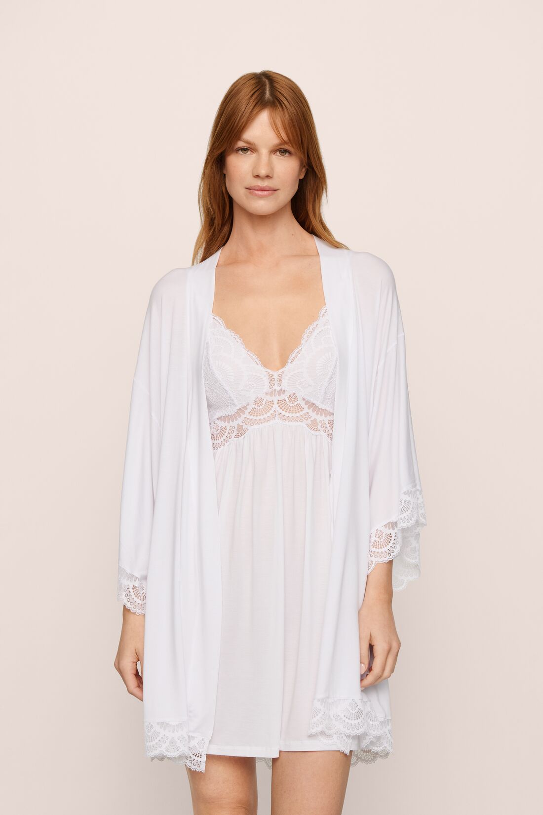 Model is wearing Beatrix TENCEL™ Modal  Robe in White