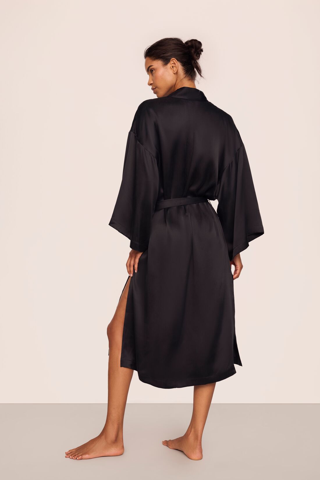 Model is wearing Inez Washable Silk Long Robe in Black
