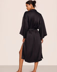 Model is wearing Inez Washable Silk Long Robe in Black