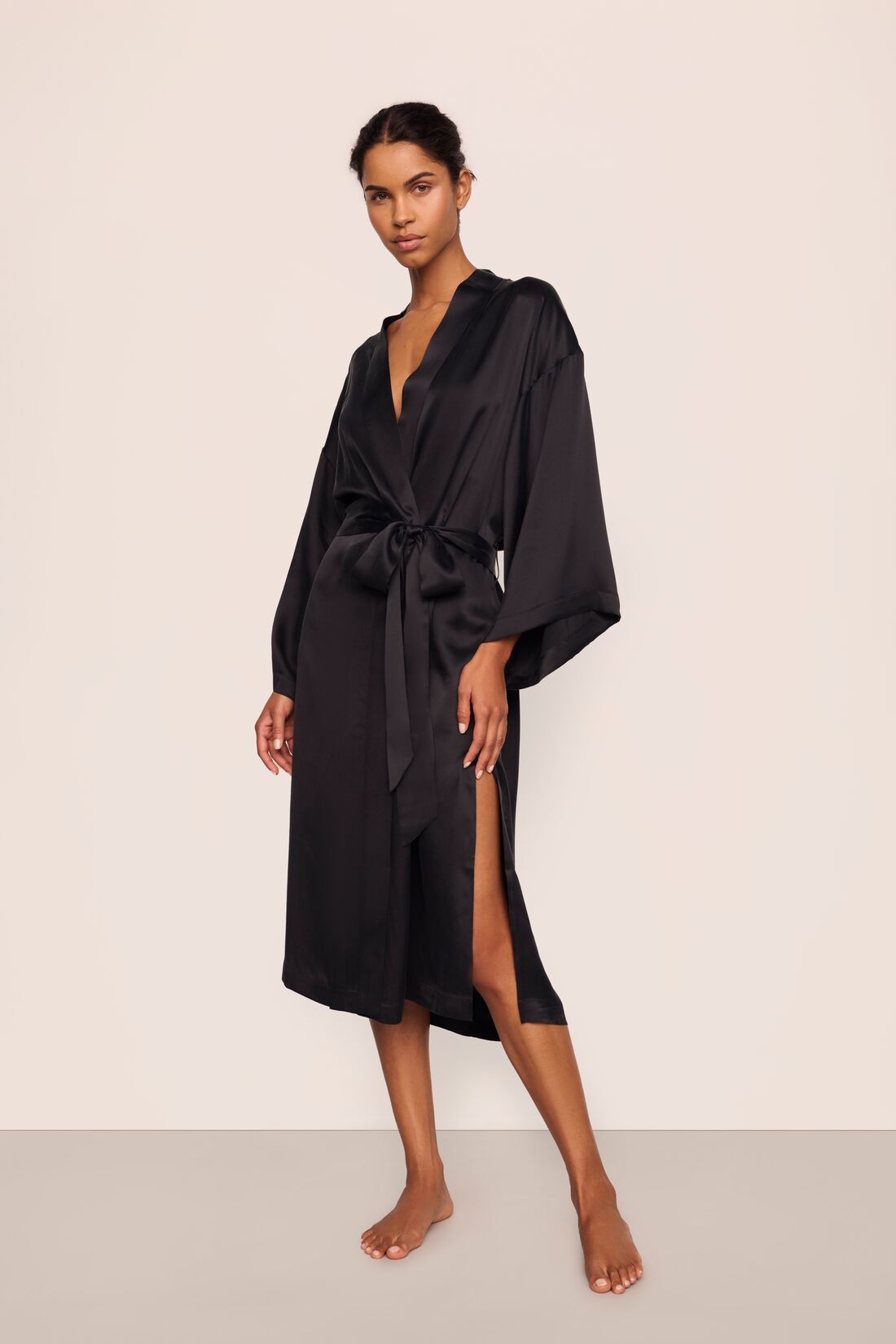 Model is wearing Inez Washable Silk Long Robe in Black