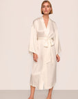 Model is wearing Inez Washable Silk Long Robe in Ivory