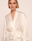 Model is wearing Inez Washable Silk Long Robe in Ivory