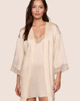Model is wearing Washable Silk Lace Robe in Champagne/Champagne
