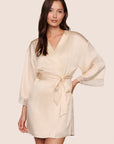 Model is wearing Washable Silk Lace Robe in Champagne/Champagne