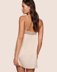 Model is wearing Washable Silk Lace Slip in Champagne/Champagne