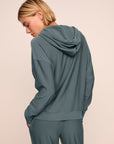 Model is wearing softest sweats hoodie in stone blue