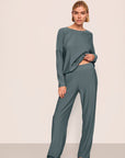 Model is wearing Softest Sweats Straight Leg Pant in Stone Blue