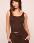 Model is wearing Recycled Sweater Tank in Chocolate