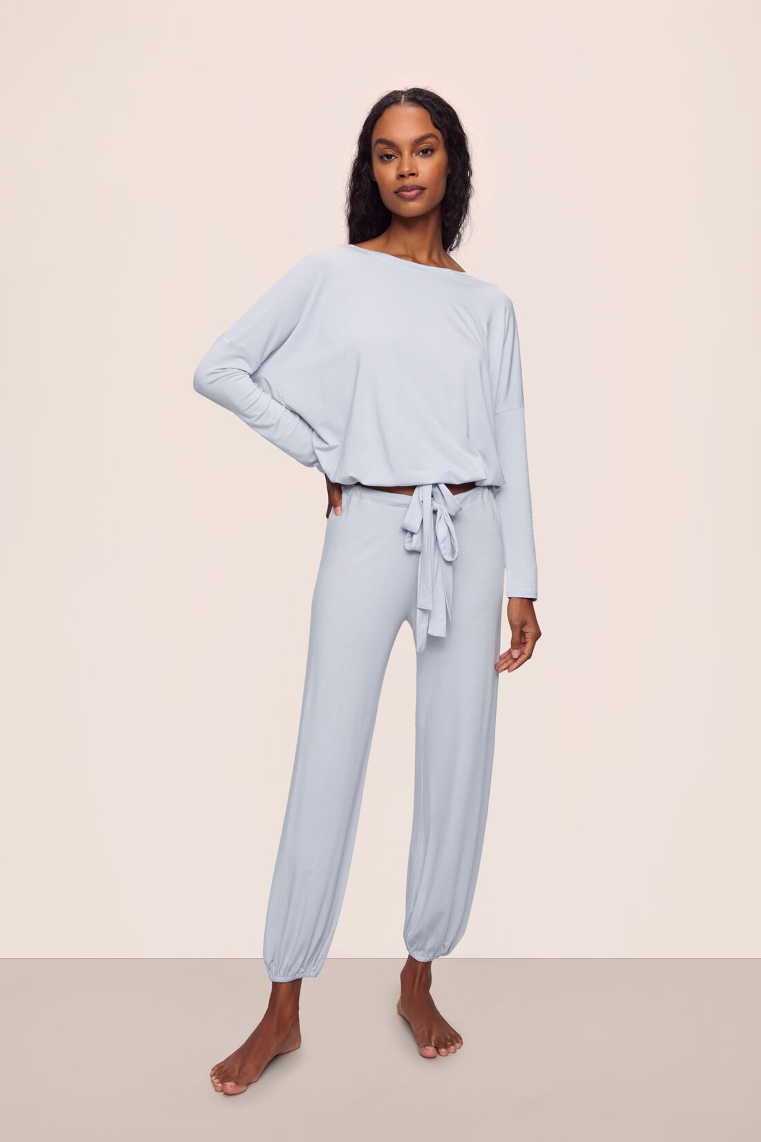 Model is wearing Gisele TENCEL™ Modal Slouchy PJ Set in Ice Blue/Ice Blue