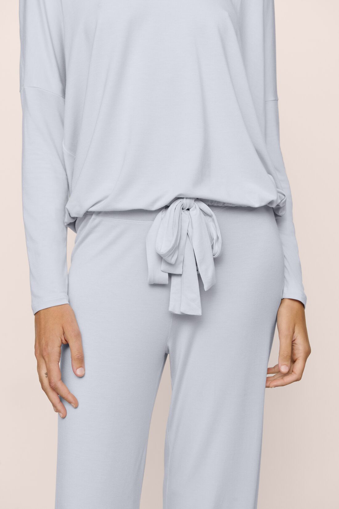 Model Is Wearing Gisele Slouchy Set In Ice Blue/Ice Blue