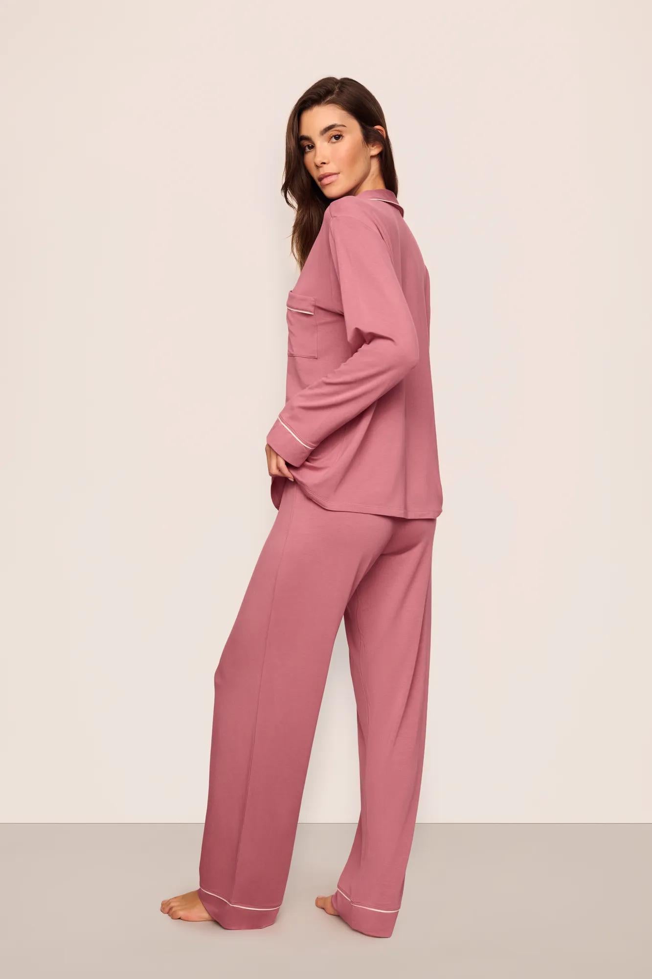 Model is wearing Gisele TENCEL™ Modal Long PJ Set  in  Berry Blush/Ivory