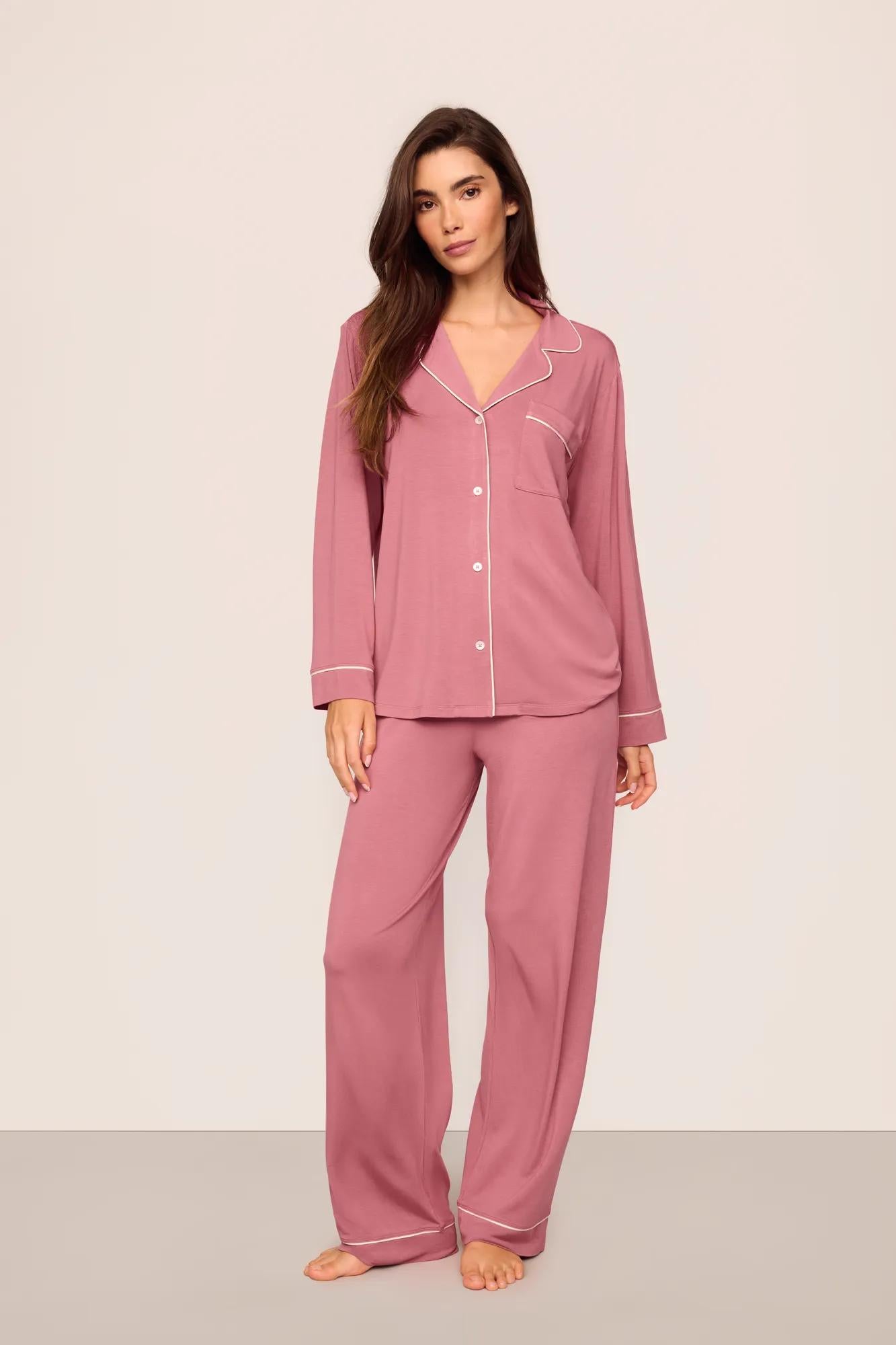 Model is wearing Gisele TENCEL™ Modal Long PJ Set  in  Berry Blush/Ivory