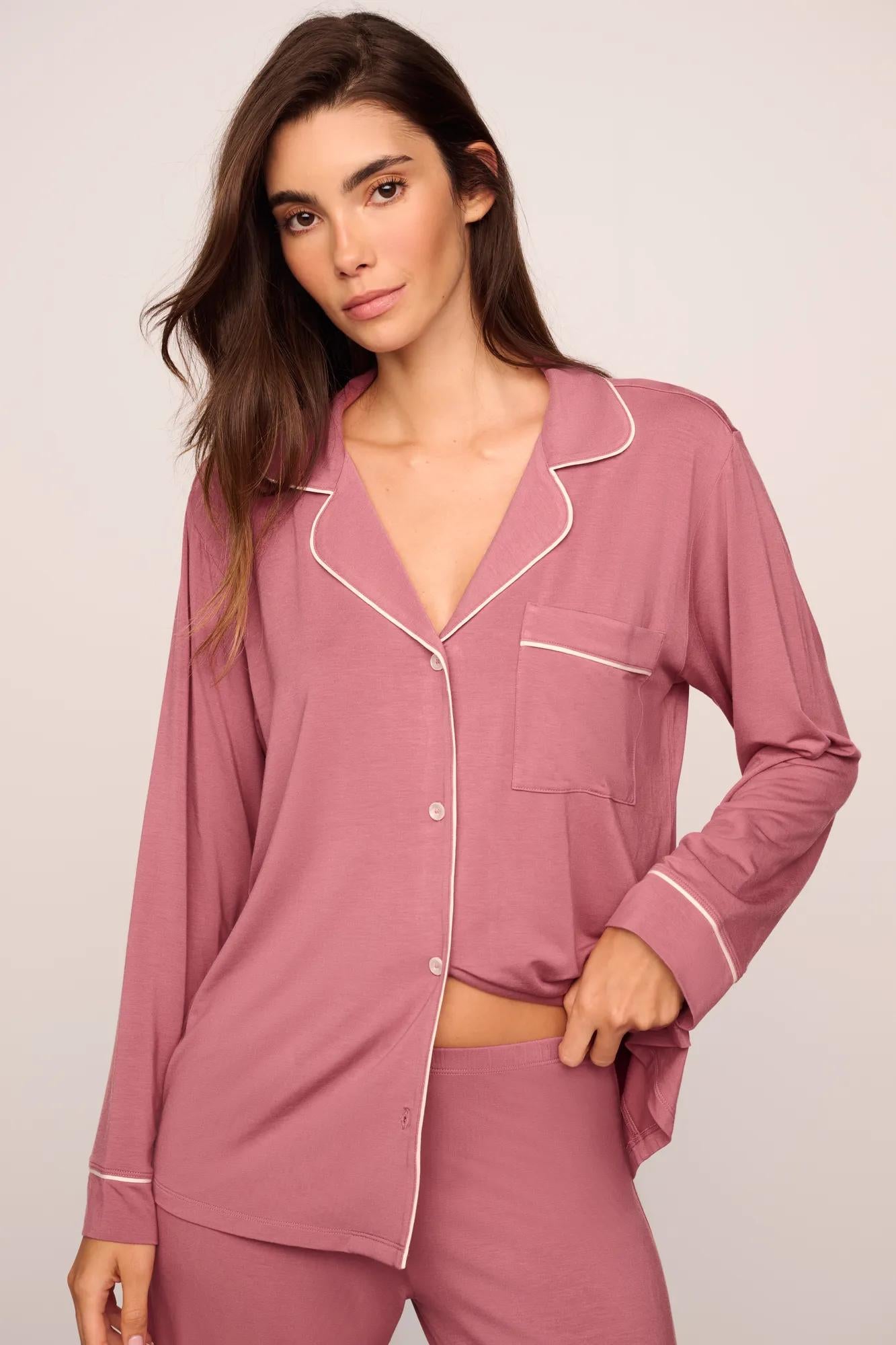 Model is wearing Gisele TENCEL™ Modal Long PJ Set  in  Berry Blush/Ivory