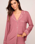 Model is wearing Gisele TENCEL™ Modal Long PJ Set in Berry Blush/Ivory