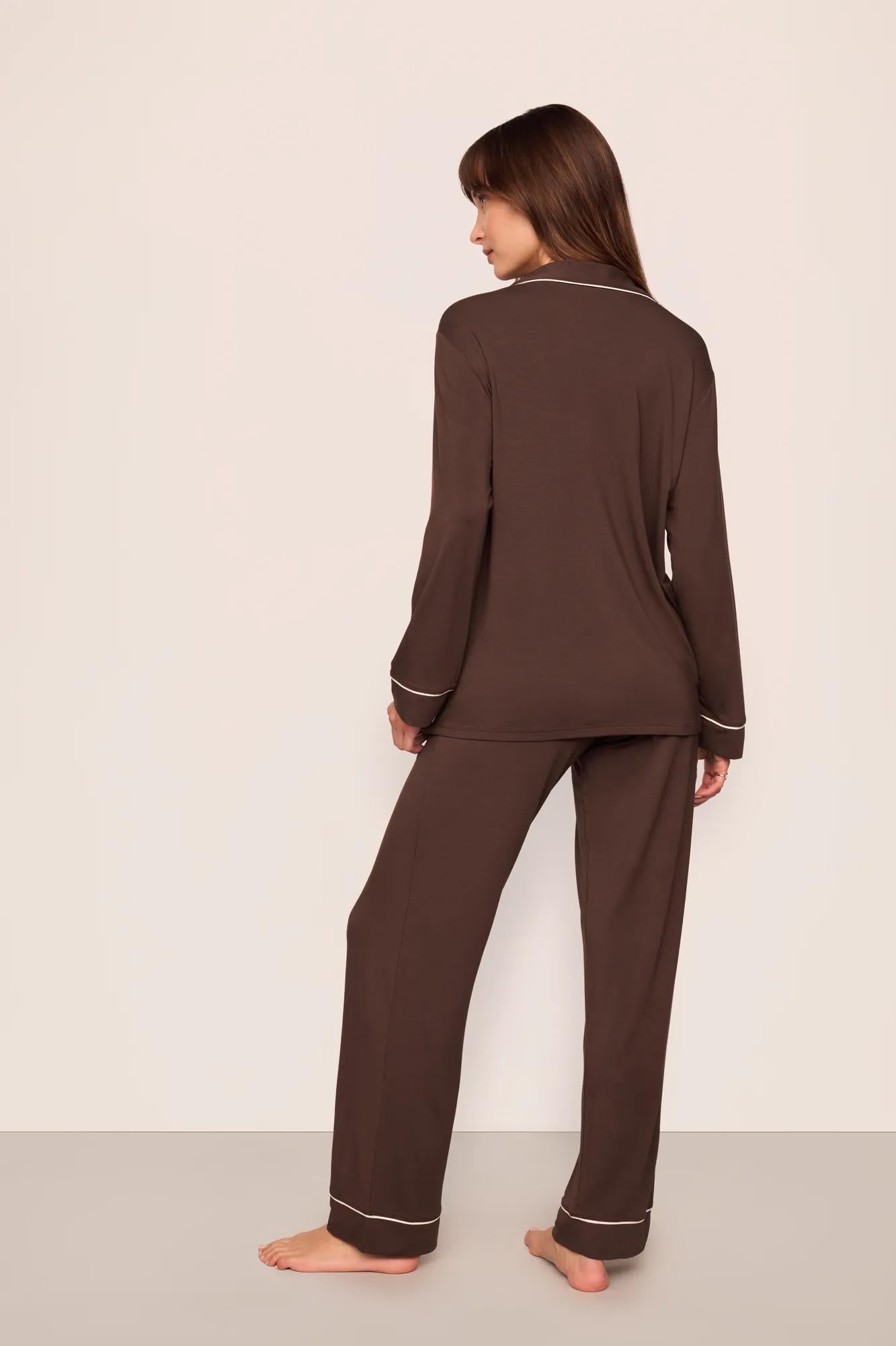 Model is wearing Gisele TENCEL™ Modal Long PJ Set  in  Chocolate/Ivory
