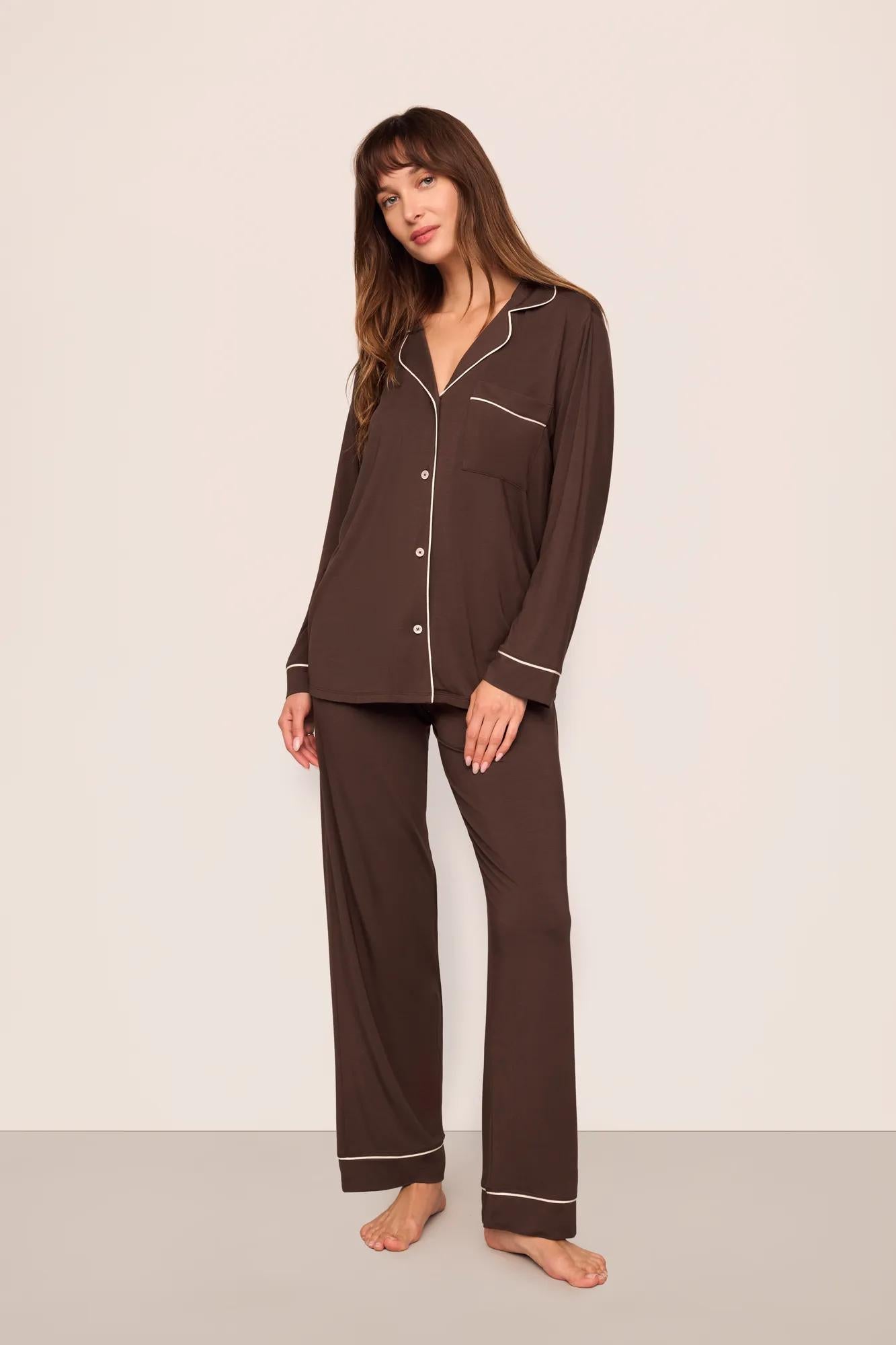 Model is wearing Gisele TENCEL™ Modal Long PJ Set  in  Chocolate/Ivory