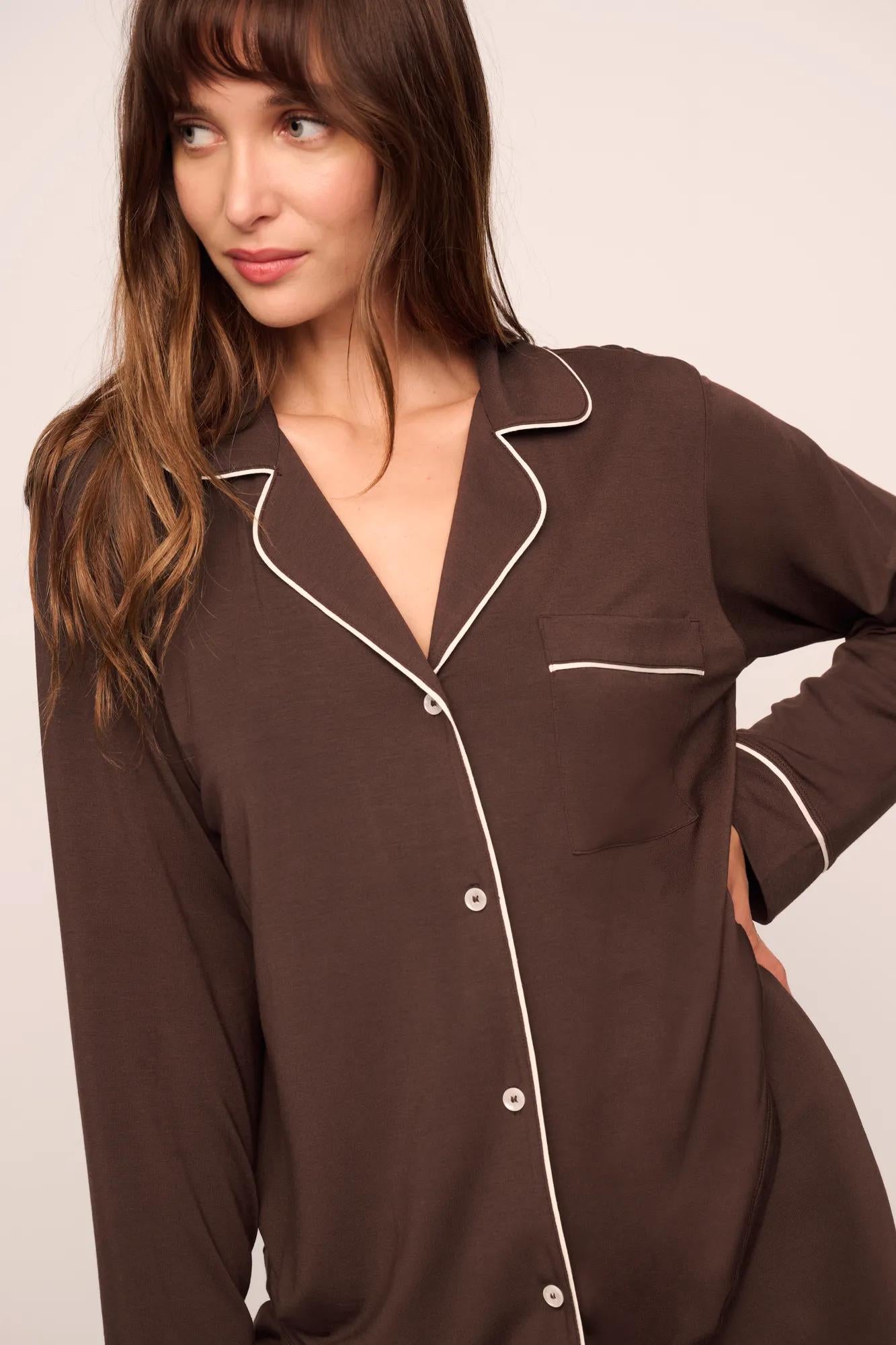 Model is wearing Gisele TENCEL™ Modal Long PJ Set  in  Chocolate/Ivory