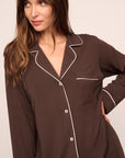 Model is wearing Gisele TENCEL™ Modal Long PJ Set in Chocolate/Ivory