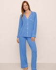 Model is wearing Gisele TENCEL™ Modal Long PJ Set in CornflowerBlue/White
