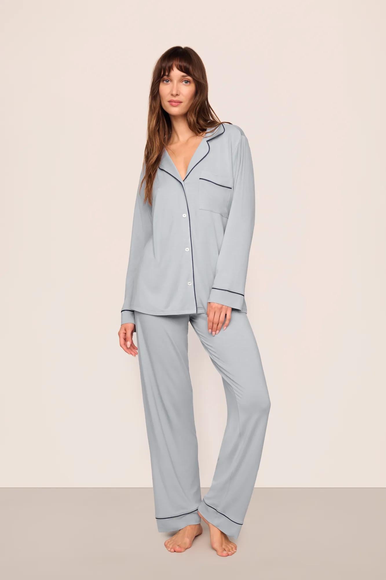 Model is wearing Gisele TENCEL™ Modal Long PJ Set  in  Gray Dawn/Navy