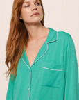 Model is wearing Gisele TENCEL™ Modal Long PJ Set in Oasis Green/White