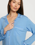 Model is wearing Gisele TENCEL™ Modal Long PJ Set in Summer Blue/White