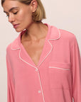 Model is wearing Gisele TENCEL™ Modal Long PJ Set in Sunkissed Coral/Ivory